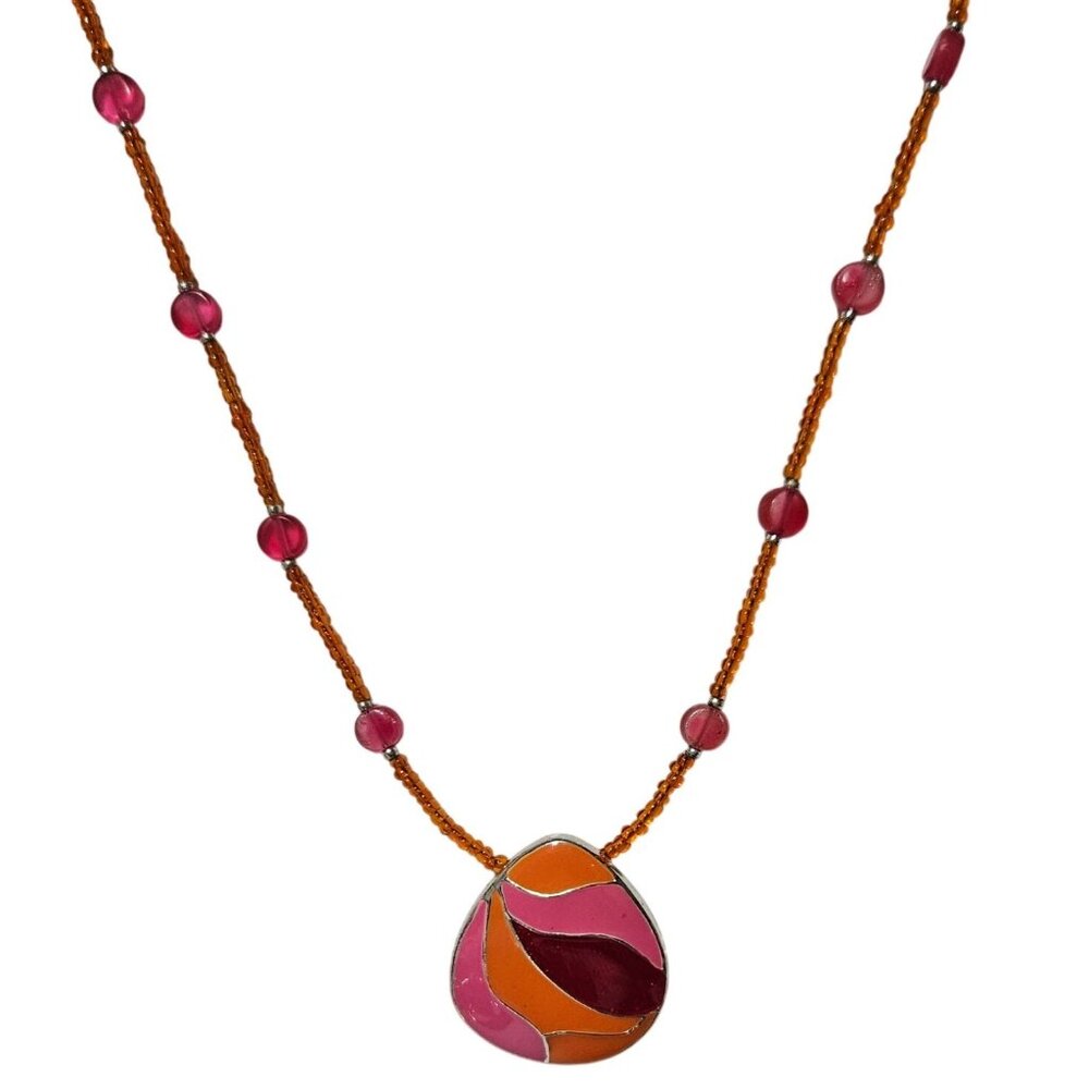 Handcrafted Retro Pink Orange Pendant Necklace Beaded Chain 60s 70s Fashion